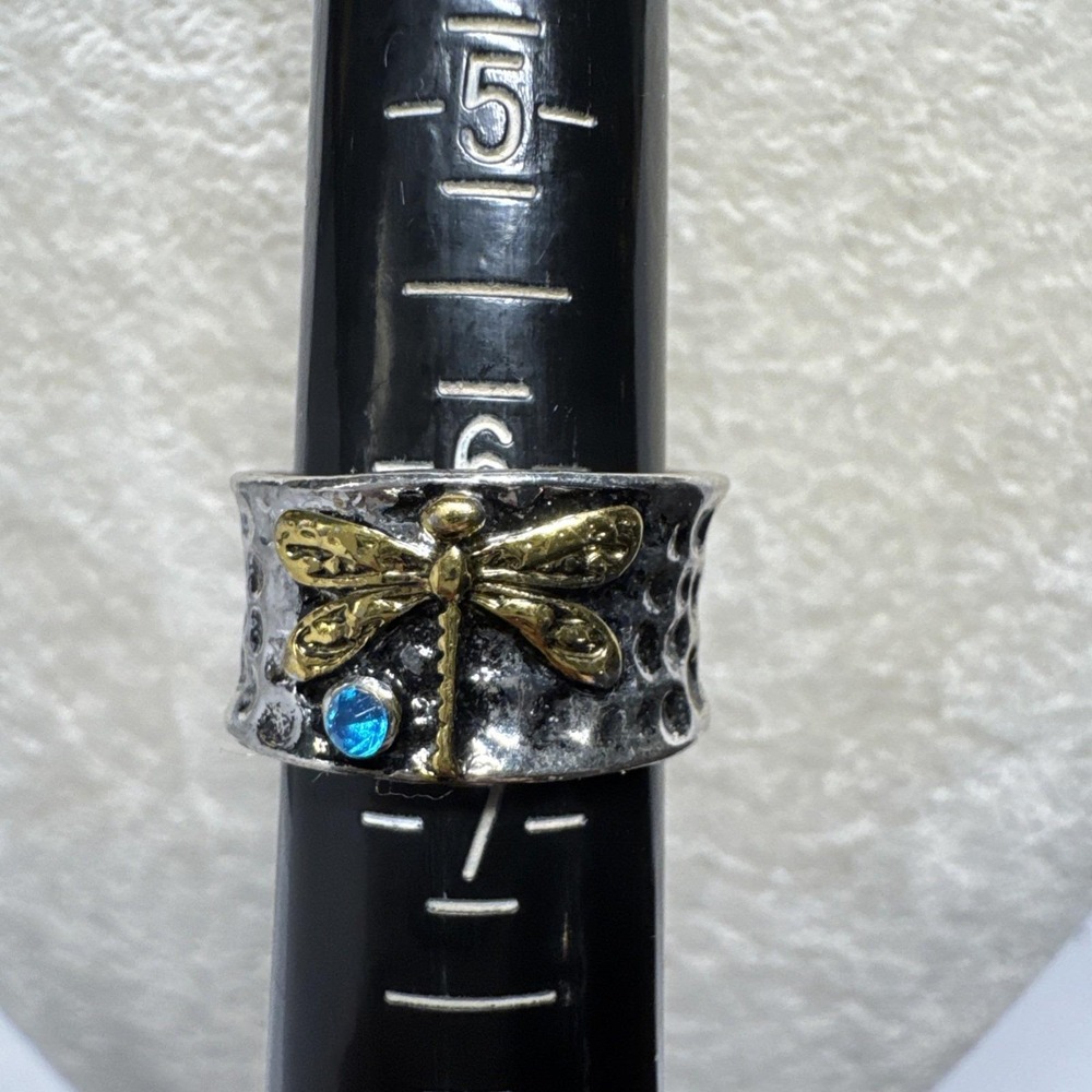 Vtg‎ Boho Stone Inlaid Ring Wide Hammered Band  Blue Stone Size 6 Sterling 925